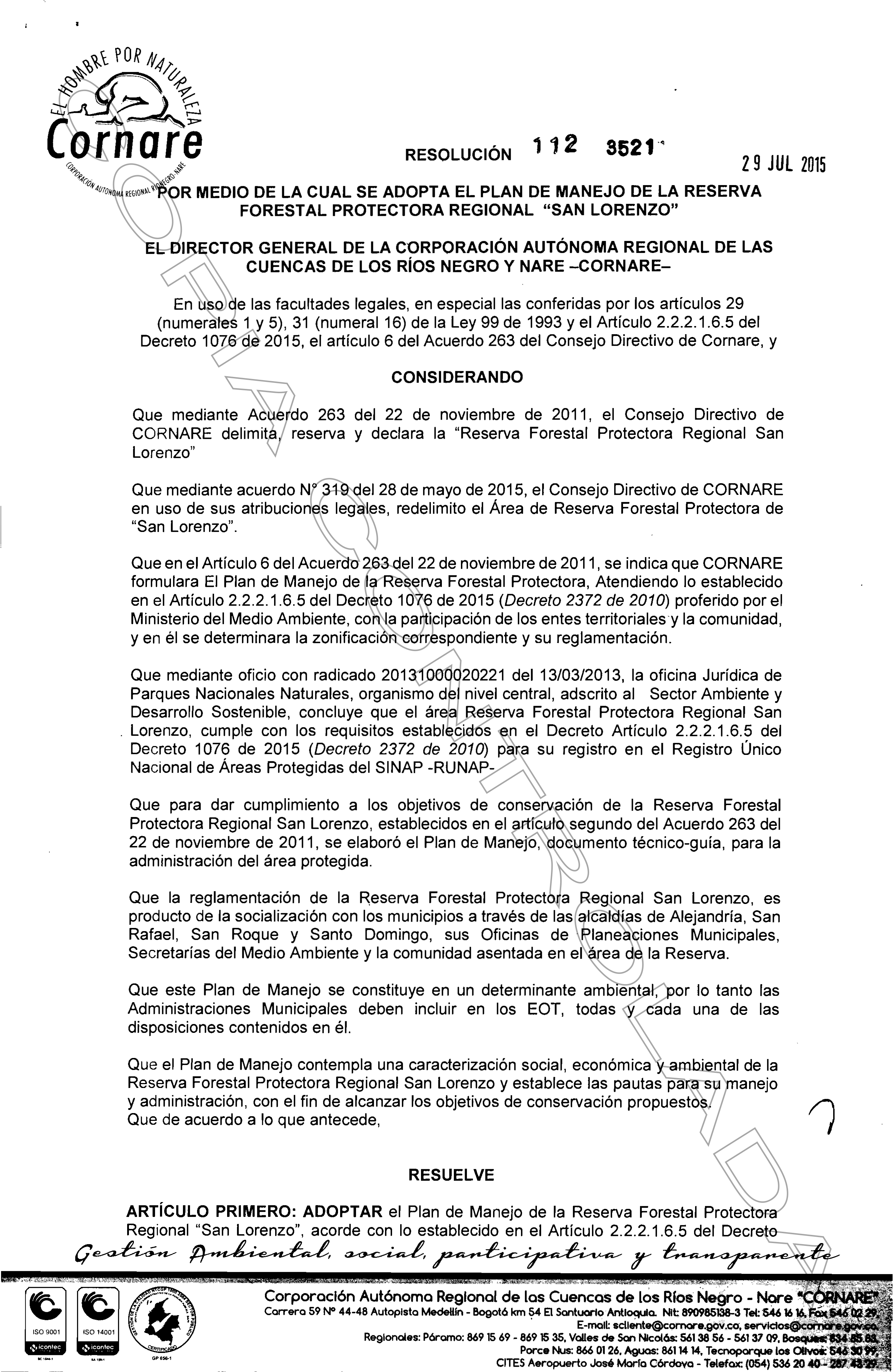 Resolución 112-3521-2015 \\\"Por medio de la cual se adopta el Plan de Manejo de la Reserva Forestal Protectora Regional San Lorenzo\\\" (Formato PDF – Tamaño 200 KB)