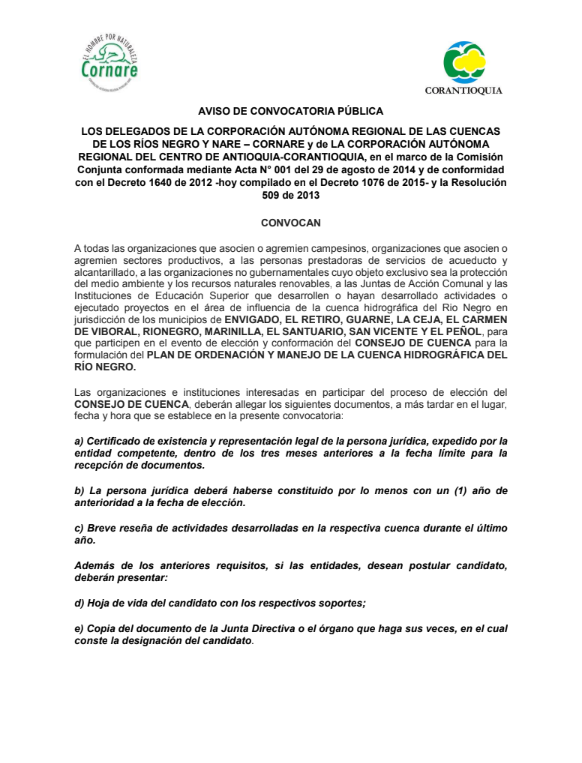 Aviso de Convocatoria para la conformación del Consejo de Cuenca